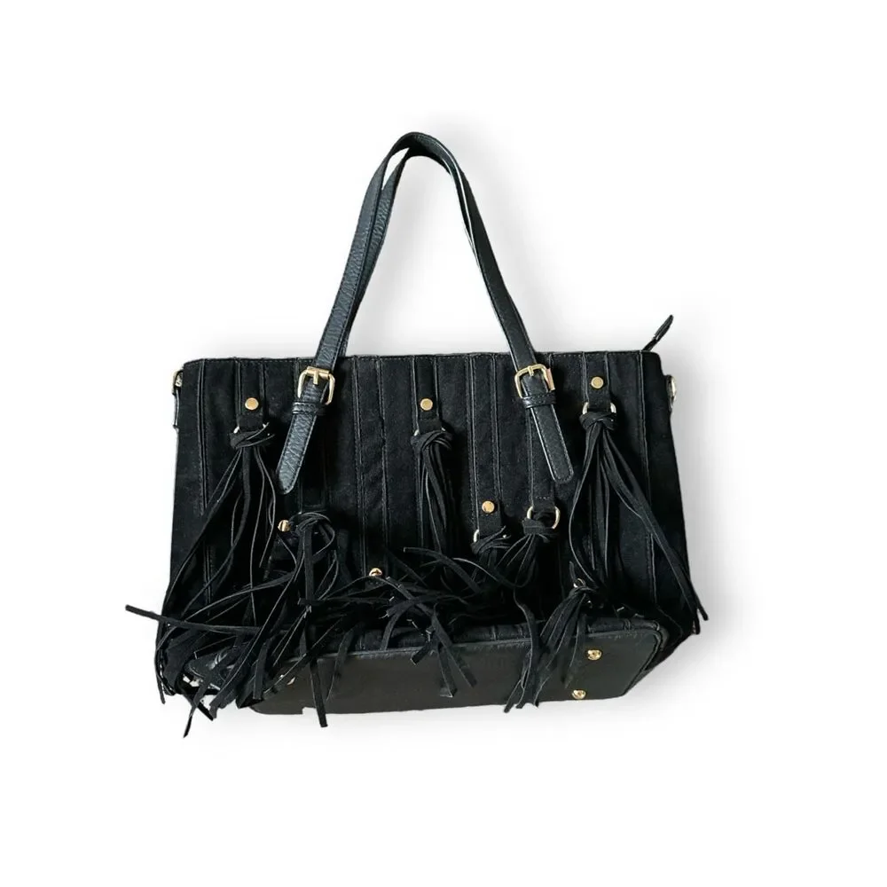 Womens Large Black Fringe Suede Embossed Studded Shoulder Bag Western Festival